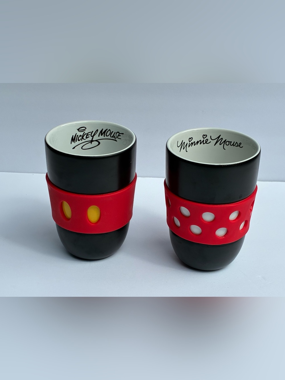 Disney Parks Mickey & Minnie Mouse Ceramic Cup Set with Silicone Grips